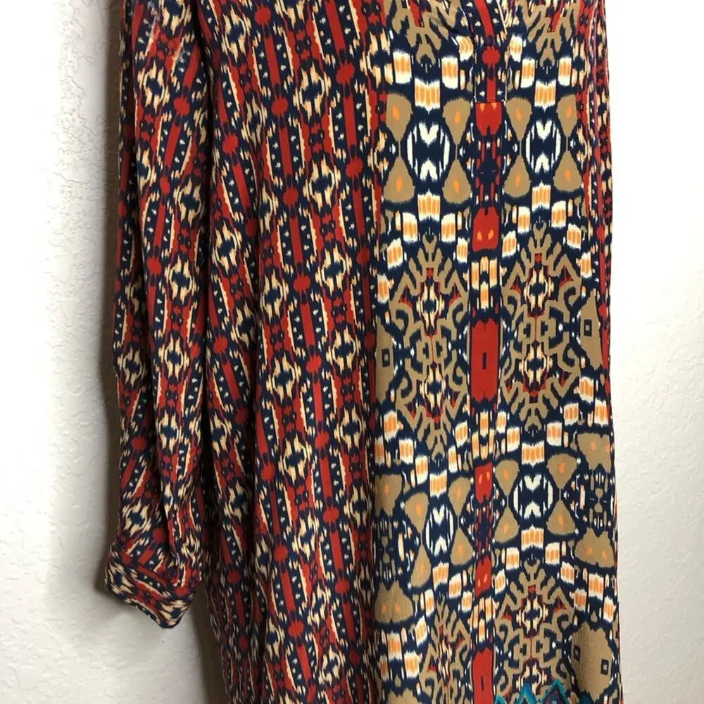 Tolani red blue orange graphic print silk shift dress size Medium